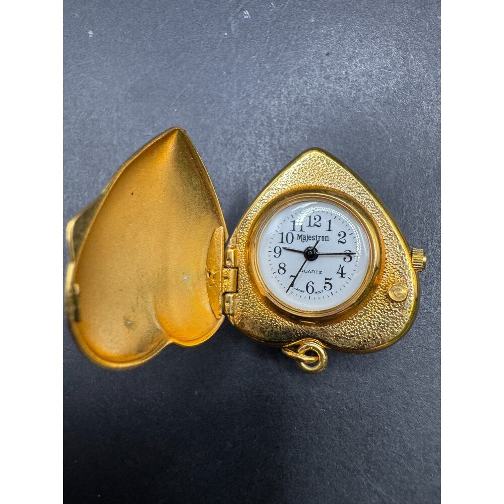 Vintage Majestron Heart Shaped Gold Tone Locket Pendant Quartz Watch